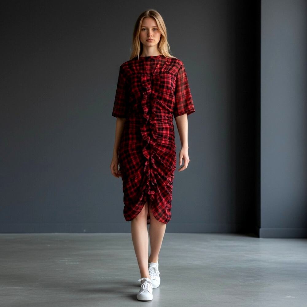 Isabel Marant Etoile Red Plaid Ruffle Ruched Mini Dress FR 38 US S Cotton Linen